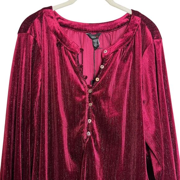 Intro Woman Plus Velvet Popover Tunic Top 2X Burgundy Metallic Long Sleeve - Picture 4 of 10
